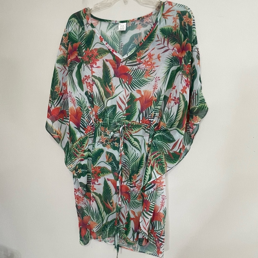 west loop Tropical Floral Kaftan Cover-Up - Green & Orange~ One‎ Size